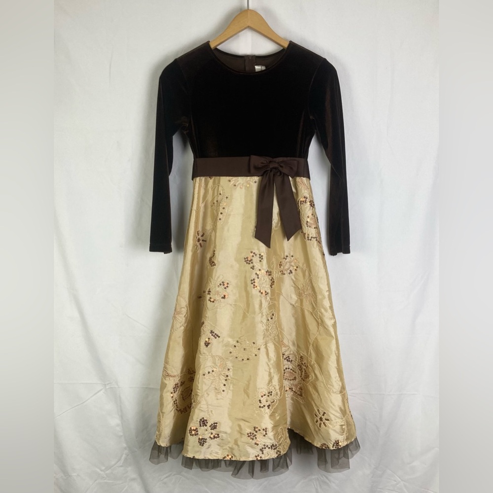 🎄FLASH XMAS SALE!🎁 Rare Editions Girls 10 Brown Velvet Beige Sequin Dress